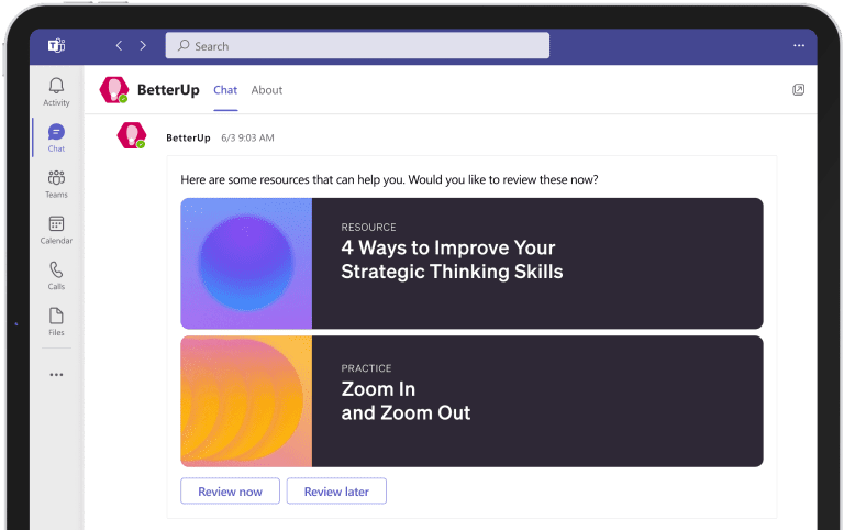 Screen showing BetterUp integration with MS Teams