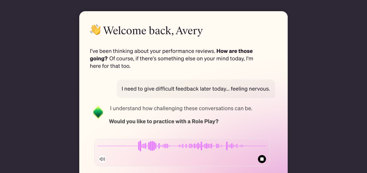 in app screens showing betterup AI coaching experience 