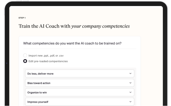 in app training of AI coach with your companies competencies
